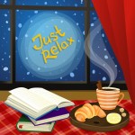 Vector illustration of windowsill with tea and books. Winter card design.